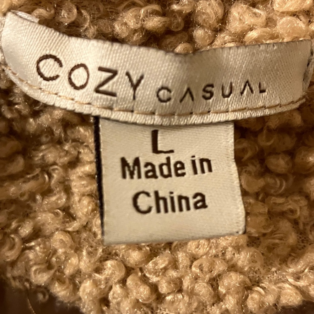 Tan Fuzzy Fleece Sherpa Style Long Jacket or Coat w/ Open Front Cardigan Pockets - Picture 3 of 6